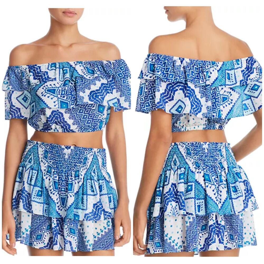 NWT RAMY Brook Milo Blue Printed Off The Shoulder Cropped Top Large Ruffle